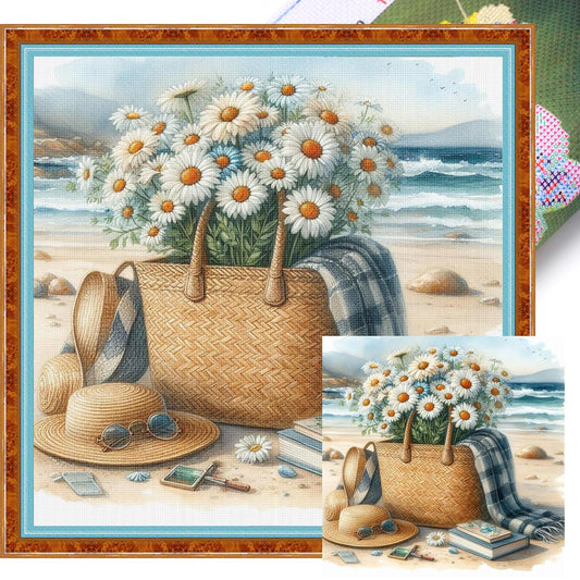 Small Daisy Bag - Full 11CT Stamped Cross Stitch 45x45CM - Huacan
