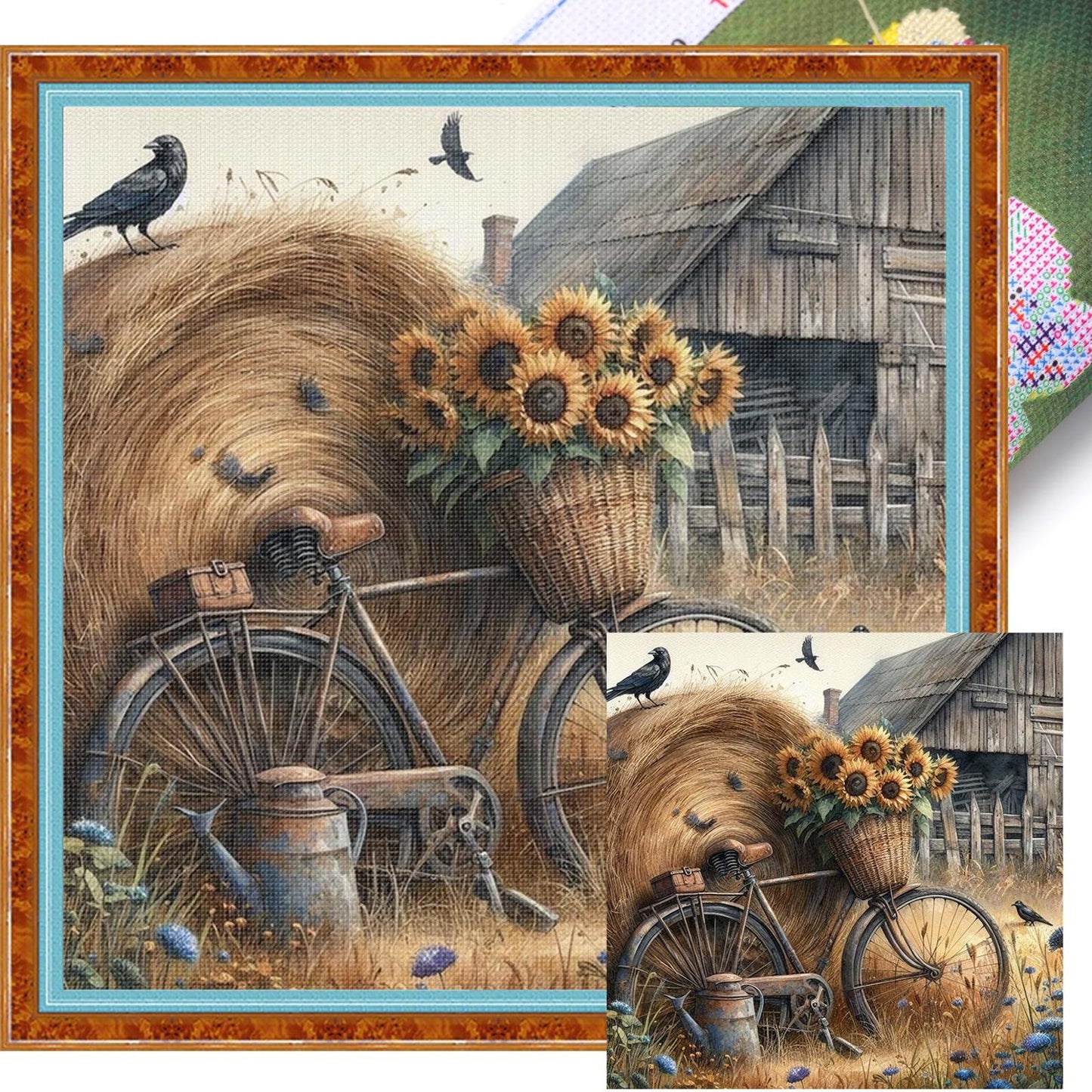 Sunflower Bicycle - Full 11CT Stamped Cross Stitch 45x45CM - Huacan