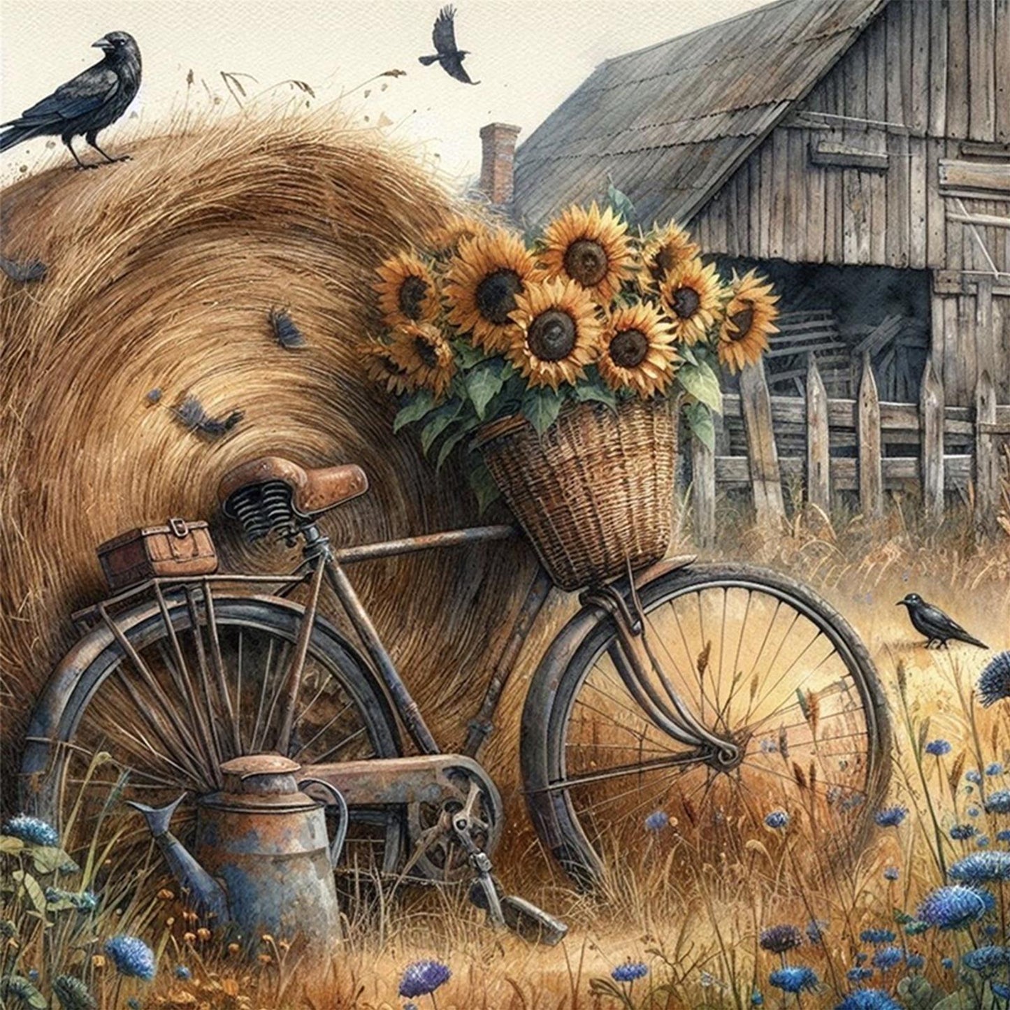Sunflower Bicycle - Full 11CT Stamped Cross Stitch 45x45CM - Huacan