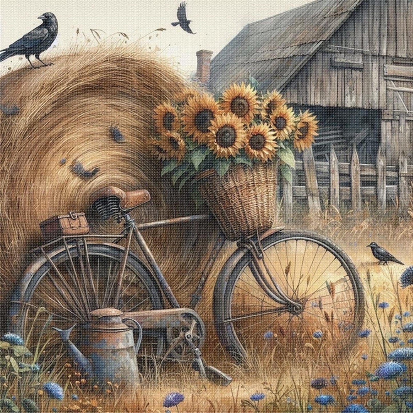 Sunflower Bicycle - Full 11CT Stamped Cross Stitch 45x45CM - Huacan