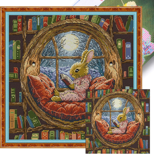 Little Rabbit In Library - Full 14CT Stamped Cross Stitch 36x36CM - Joy Sunday Backstitch