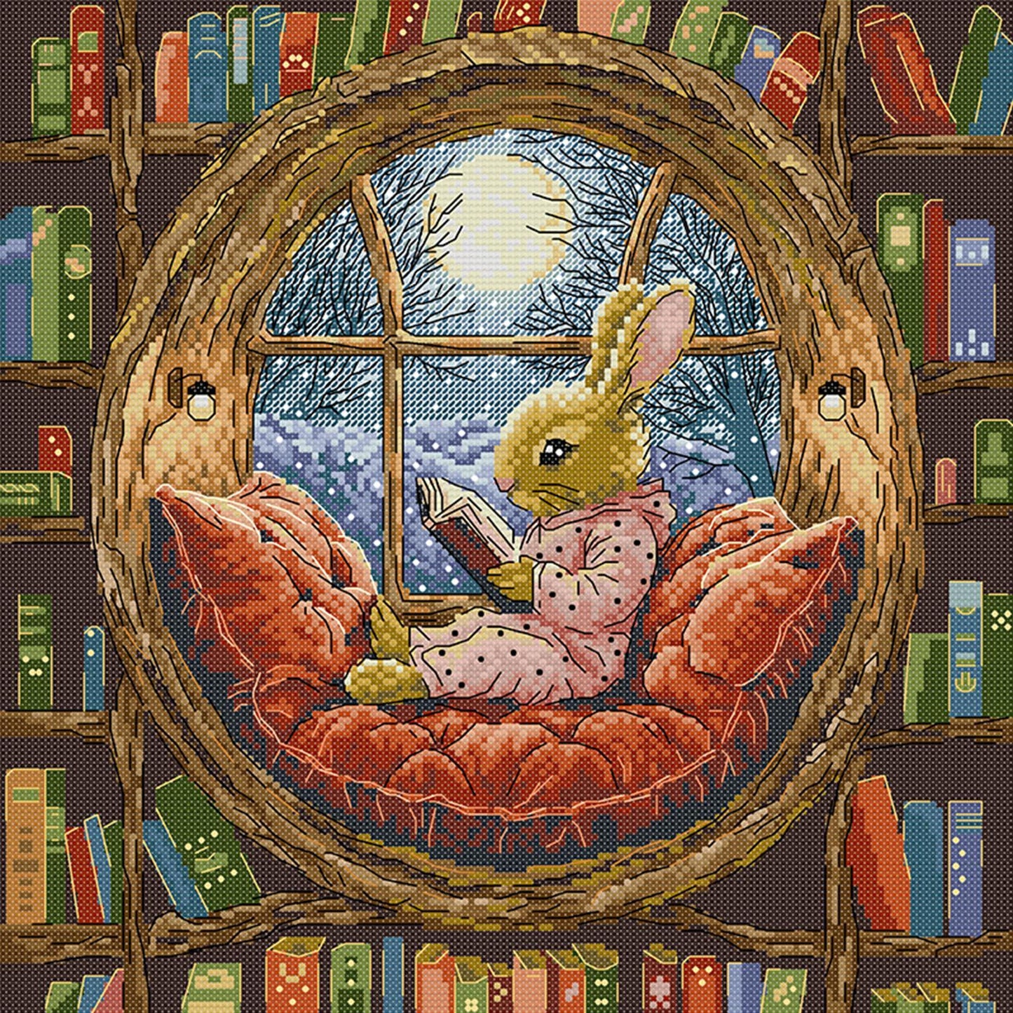 Little Rabbit In Library - Full 14CT Stamped Cross Stitch 36x36CM - Joy Sunday Backstitch