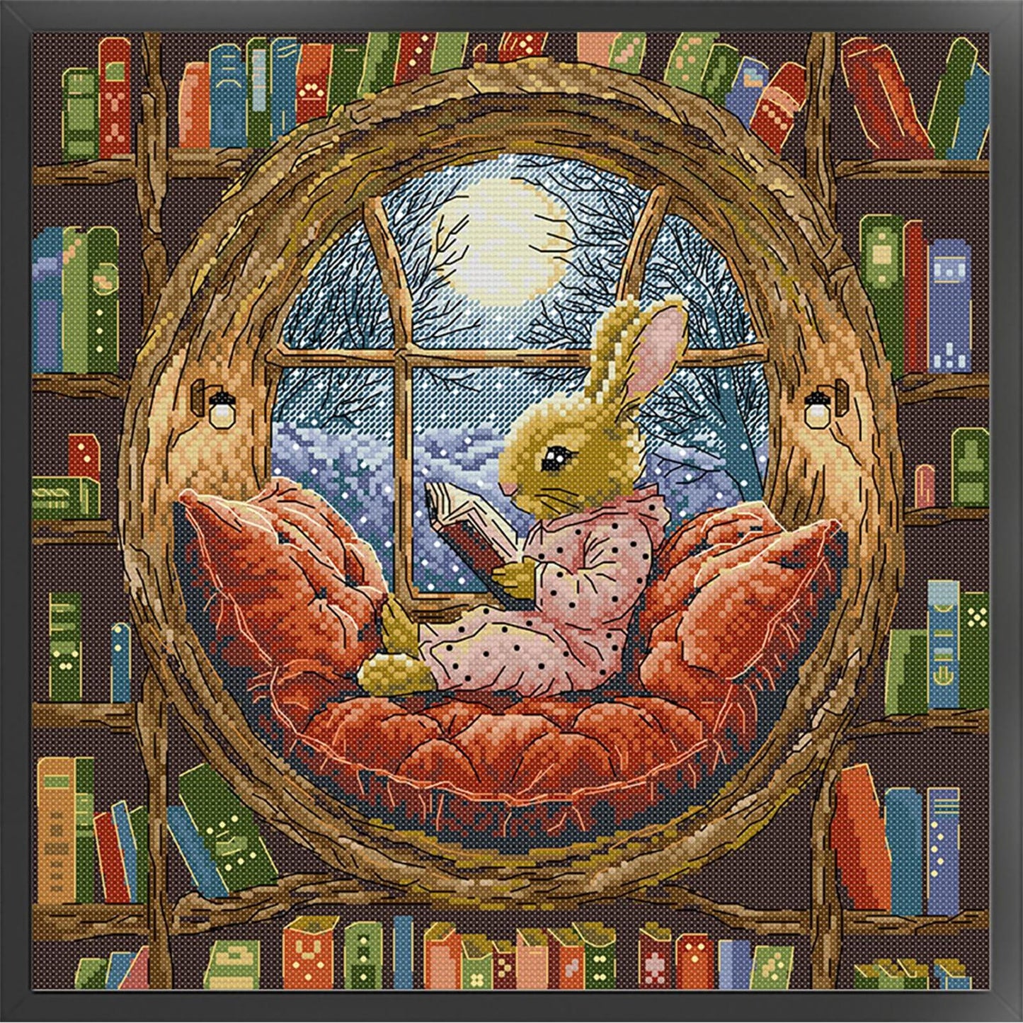 Little Rabbit In Library - Full 14CT Stamped Cross Stitch 36x36CM - Joy Sunday Backstitch