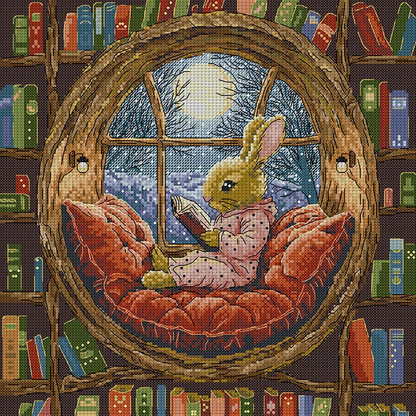 Little Rabbit In Library - Full 14CT Stamped Cross Stitch 36x36CM - Joy Sunday Backstitch