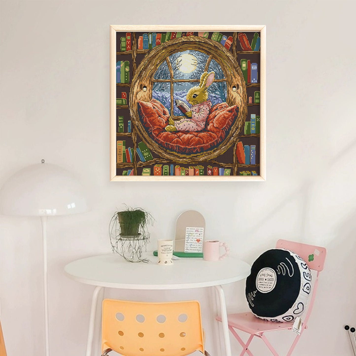 Little Rabbit In Library - Full 14CT Stamped Cross Stitch 36x36CM - Joy Sunday Backstitch