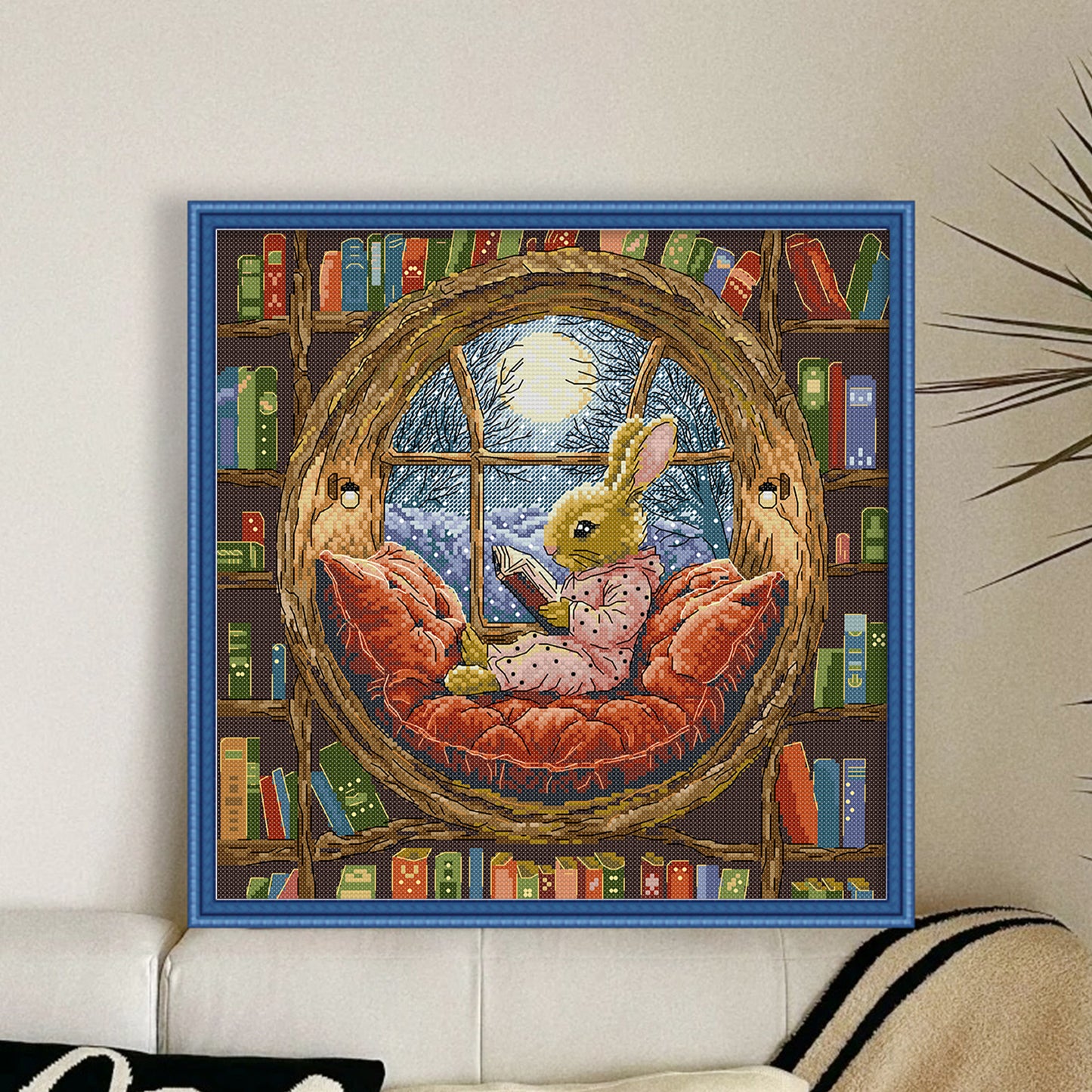 Little Rabbit In Library - Full 14CT Stamped Cross Stitch 36x36CM - Joy Sunday Backstitch