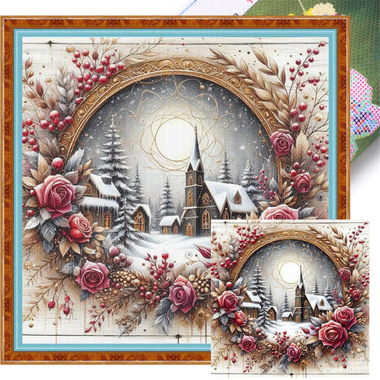 Christmas Cabin - Full 11CT Stamped Cross Stitch 40x40CM - Huacan