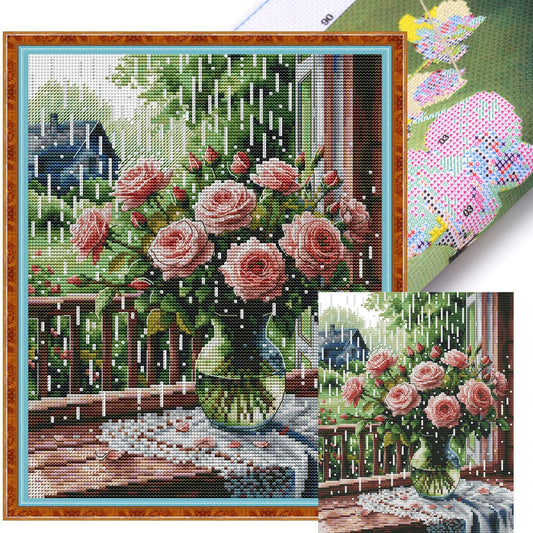 Rose On Windowsill In Rain - Partial 14CT Stamped Cross Stitch 27x33CM - Joy Sunday Backstitch