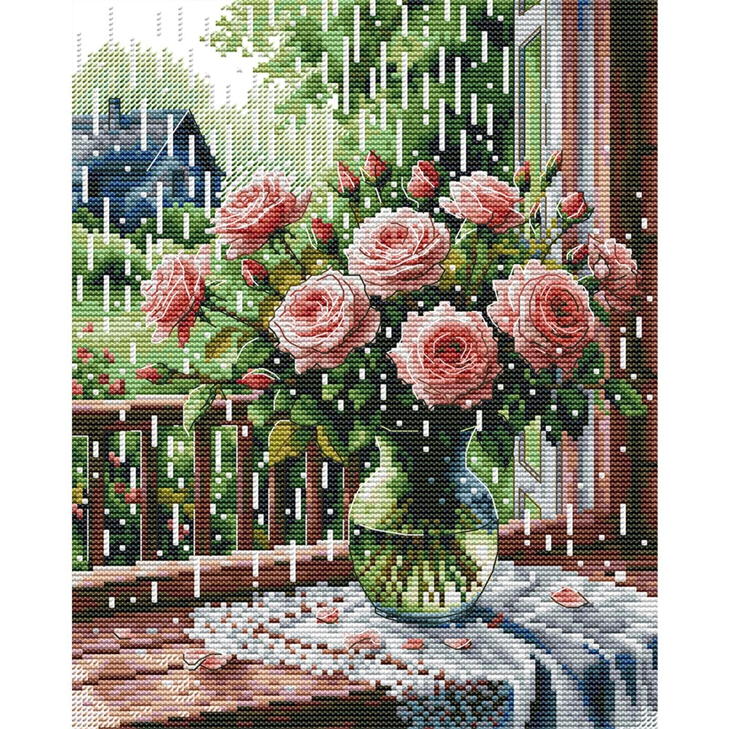 Rose On Windowsill In Rain - Partial 14CT Stamped Cross Stitch 27x33CM - Joy Sunday Backstitch