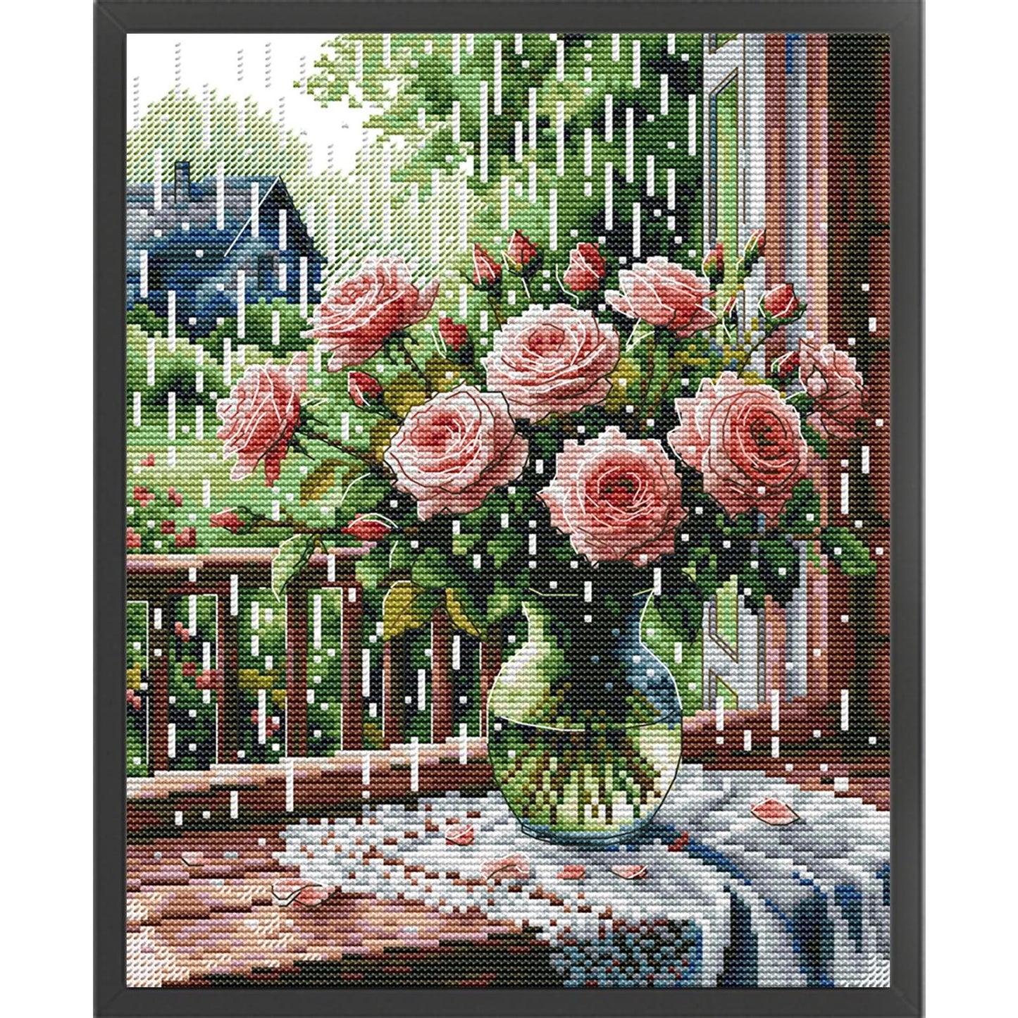 Rose On Windowsill In Rain - Partial 14CT Stamped Cross Stitch 27x33CM - Joy Sunday Backstitch