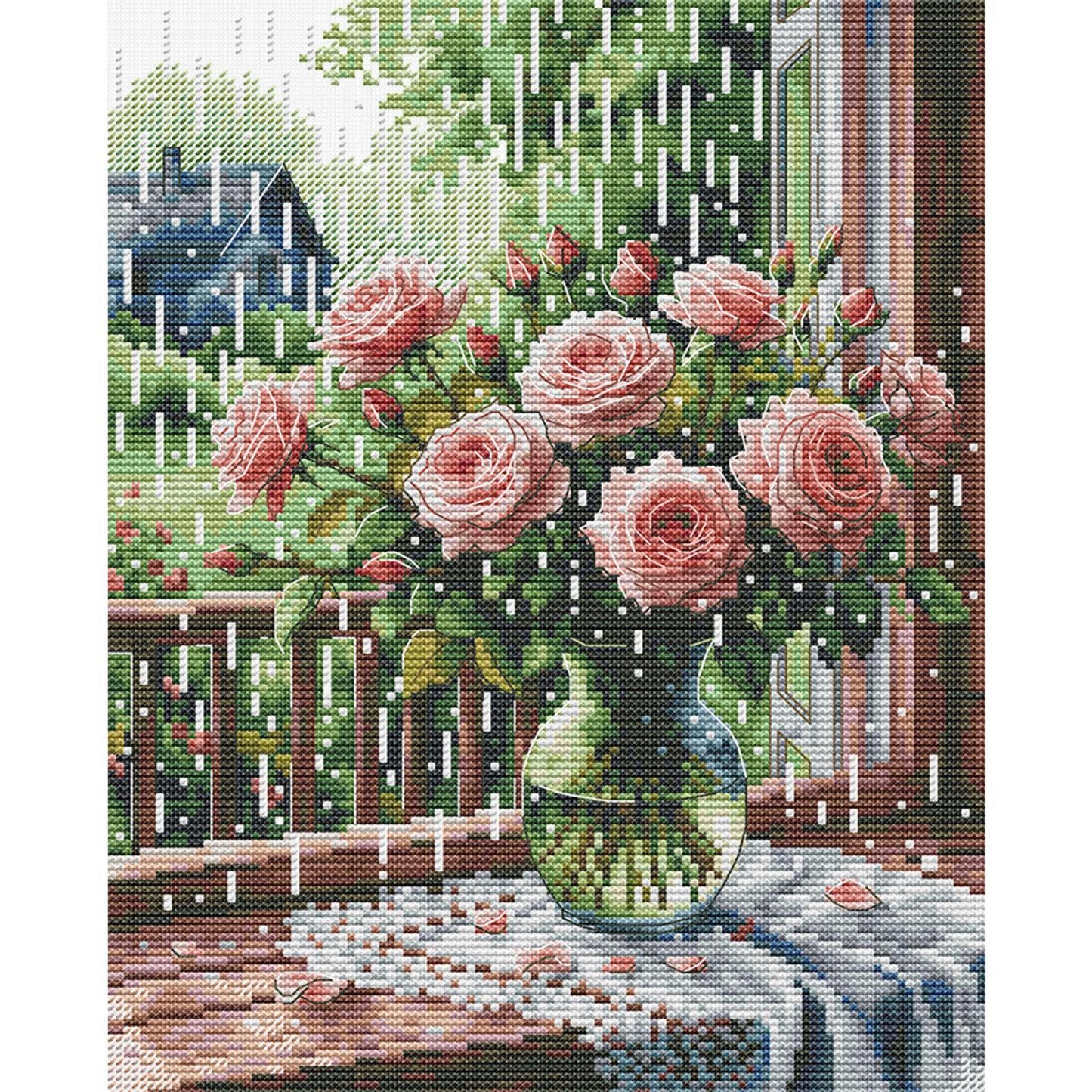 Rose On Windowsill In Rain - Partial 14CT Stamped Cross Stitch 27x33CM - Joy Sunday Backstitch