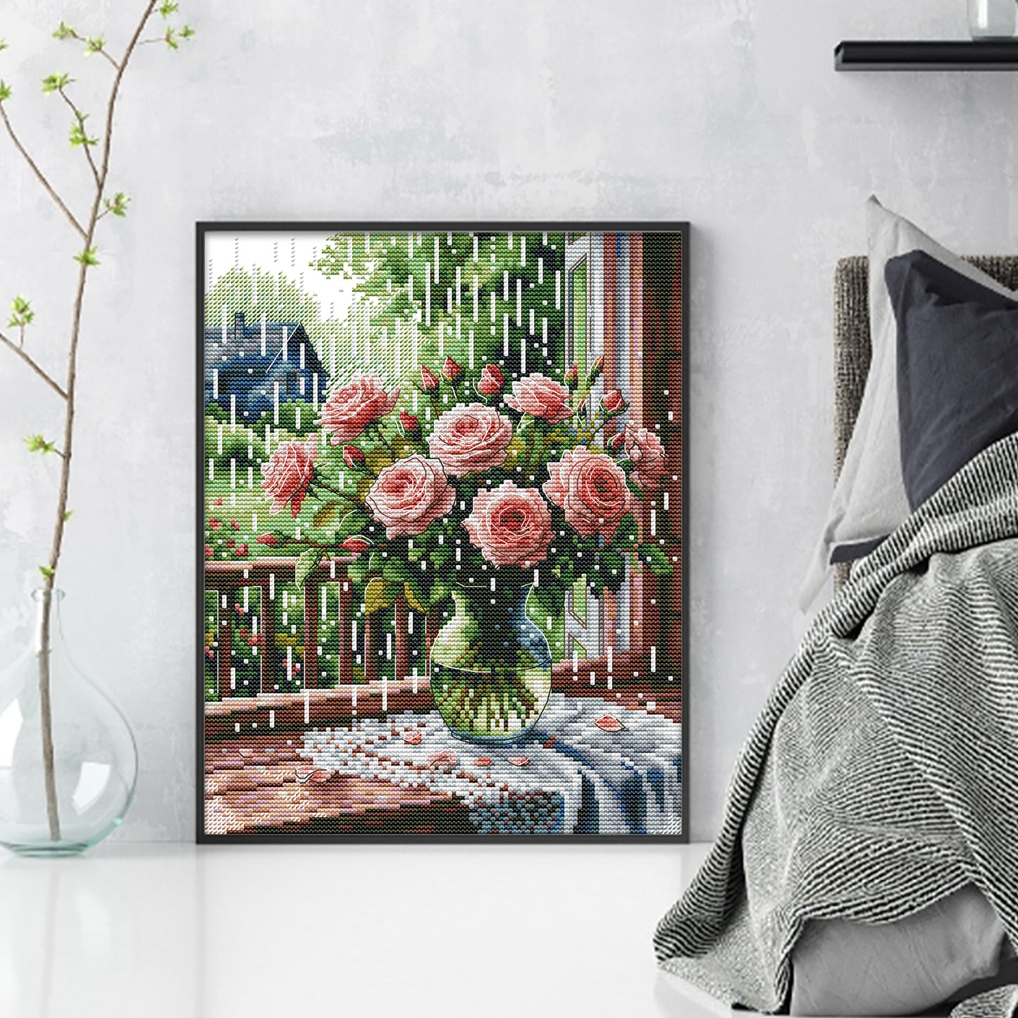 Rose On Windowsill In Rain - Partial 14CT Stamped Cross Stitch 27x33CM - Joy Sunday Backstitch