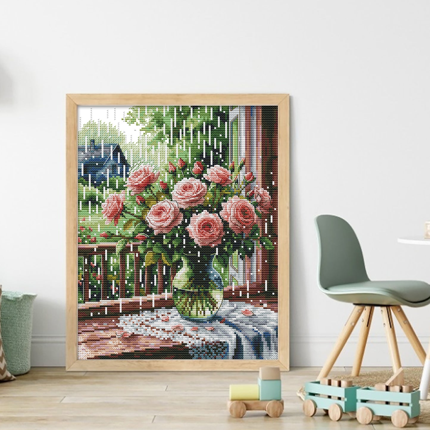 Rose On Windowsill In Rain - Partial 14CT Stamped Cross Stitch 27x33CM - Joy Sunday Backstitch