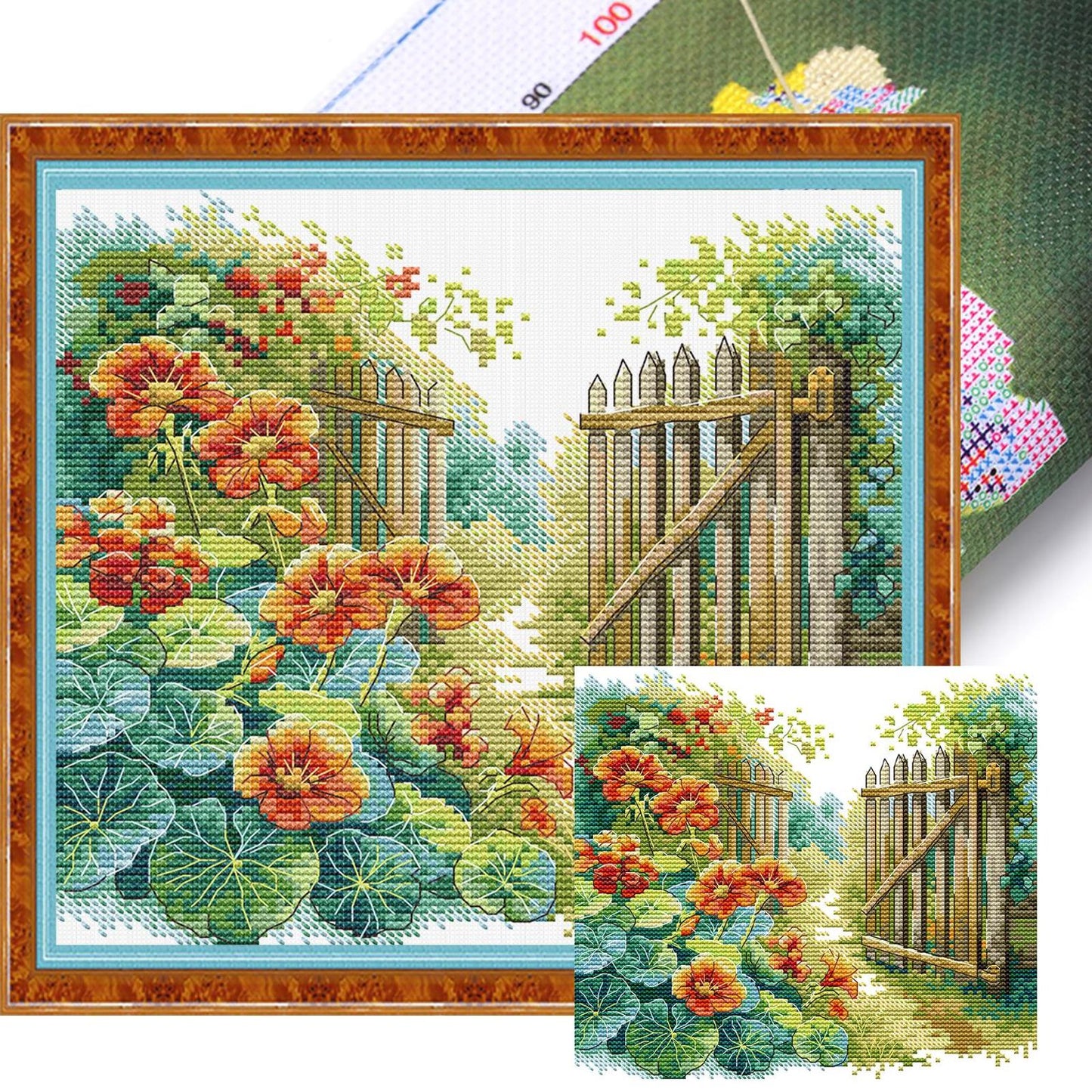 Flowers Beside Fence - Partial 14CT Stamped Cross Stitch 25x22CM - Joy Sunday Backstitch