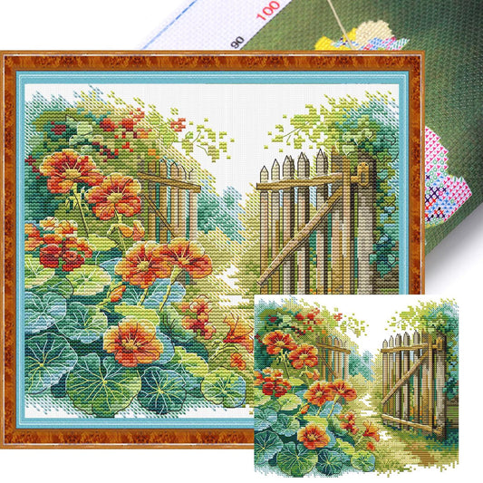 Flowers Beside Fence - Partial 14CT Stamped Cross Stitch 25x22CM - Joy Sunday Backstitch