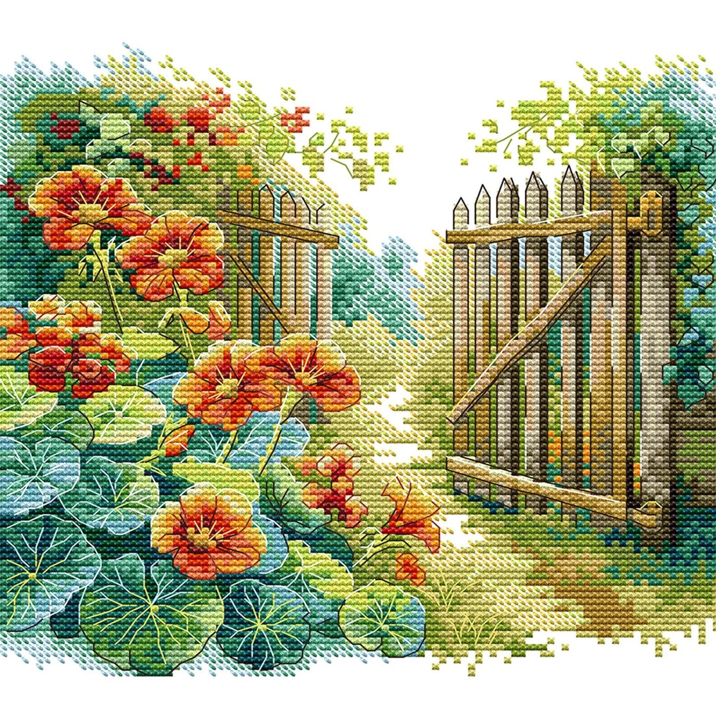Flowers Beside Fence - Partial 14CT Stamped Cross Stitch 25x22CM - Joy Sunday Backstitch