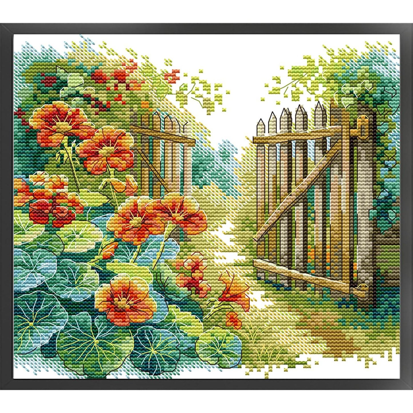 Flowers Beside Fence - Partial 14CT Stamped Cross Stitch 25x22CM - Joy Sunday Backstitch