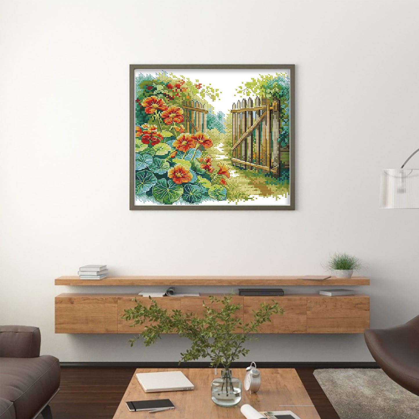 Flowers Beside Fence - Partial 14CT Stamped Cross Stitch 25x22CM - Joy Sunday Backstitch