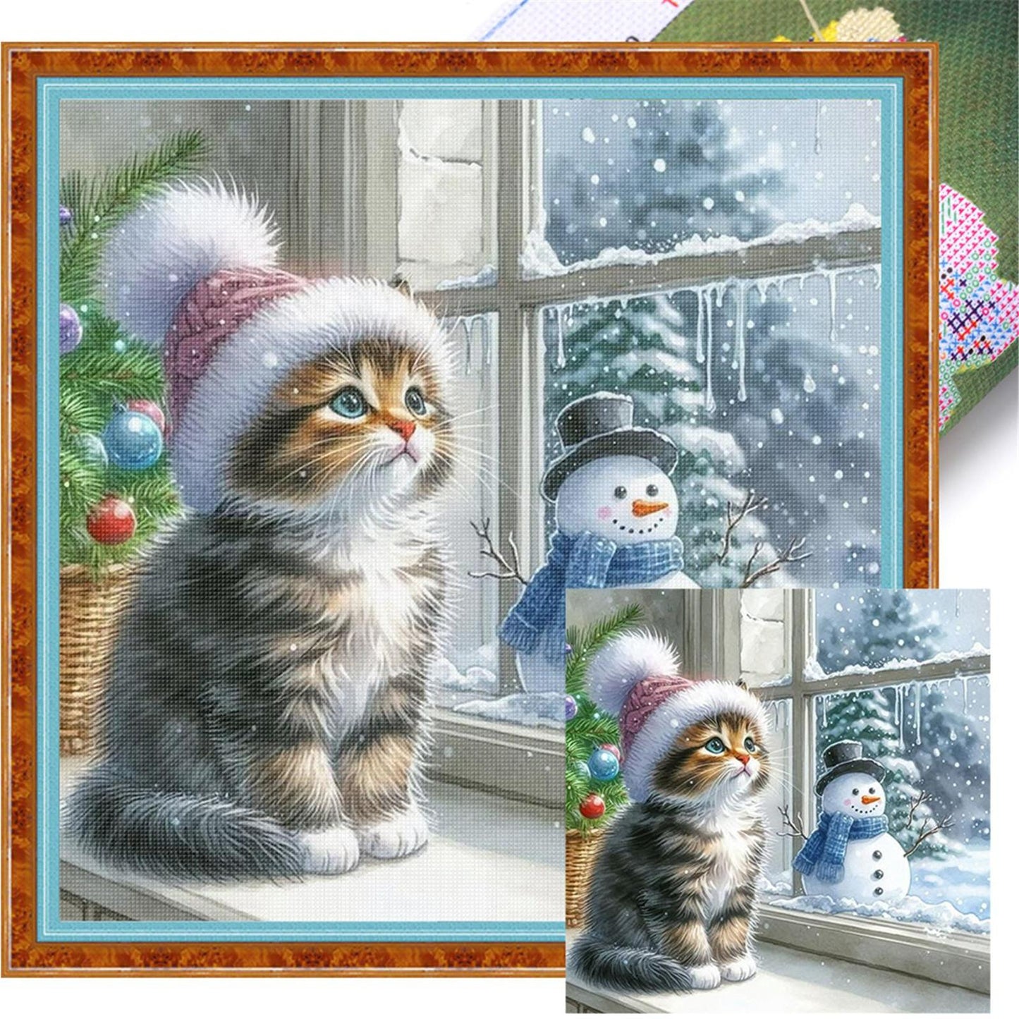 Cat And Snowman By Window - Full 11CT Stamped Cross Stitch 40x40CM - Yishu