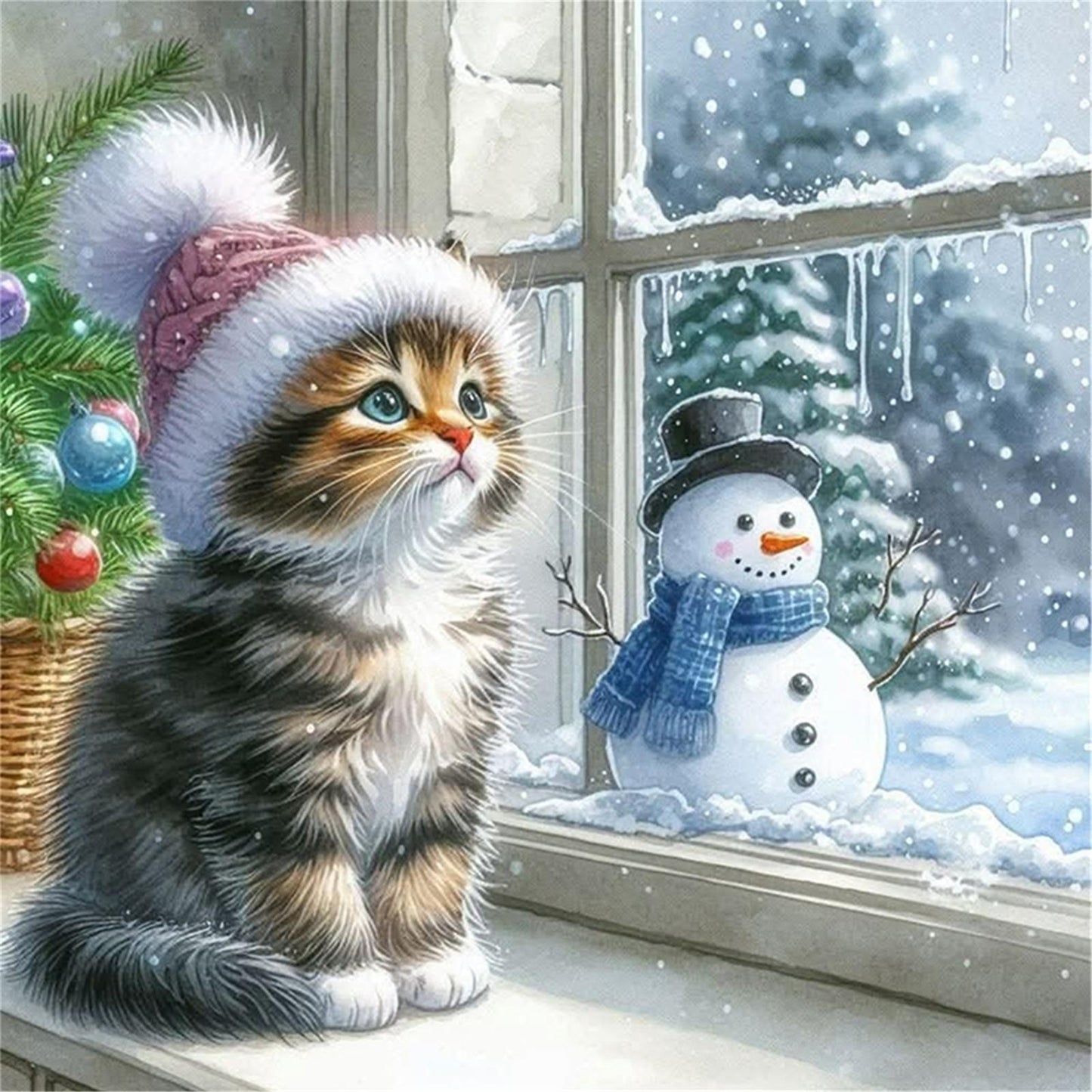 Cat And Snowman By Window - Full 11CT Stamped Cross Stitch 40x40CM - Yishu