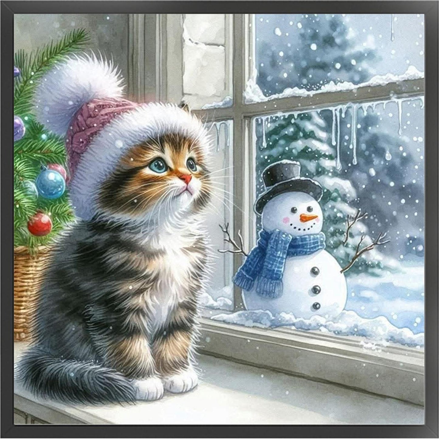 Cat And Snowman By Window - Full 11CT Stamped Cross Stitch 40x40CM - Yishu