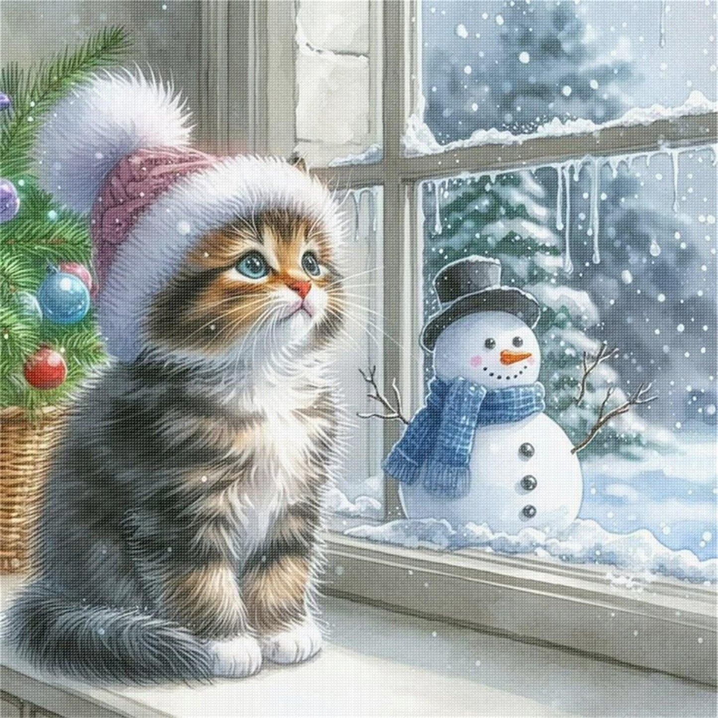 Cat And Snowman By Window - Full 11CT Stamped Cross Stitch 40x40CM - Yishu