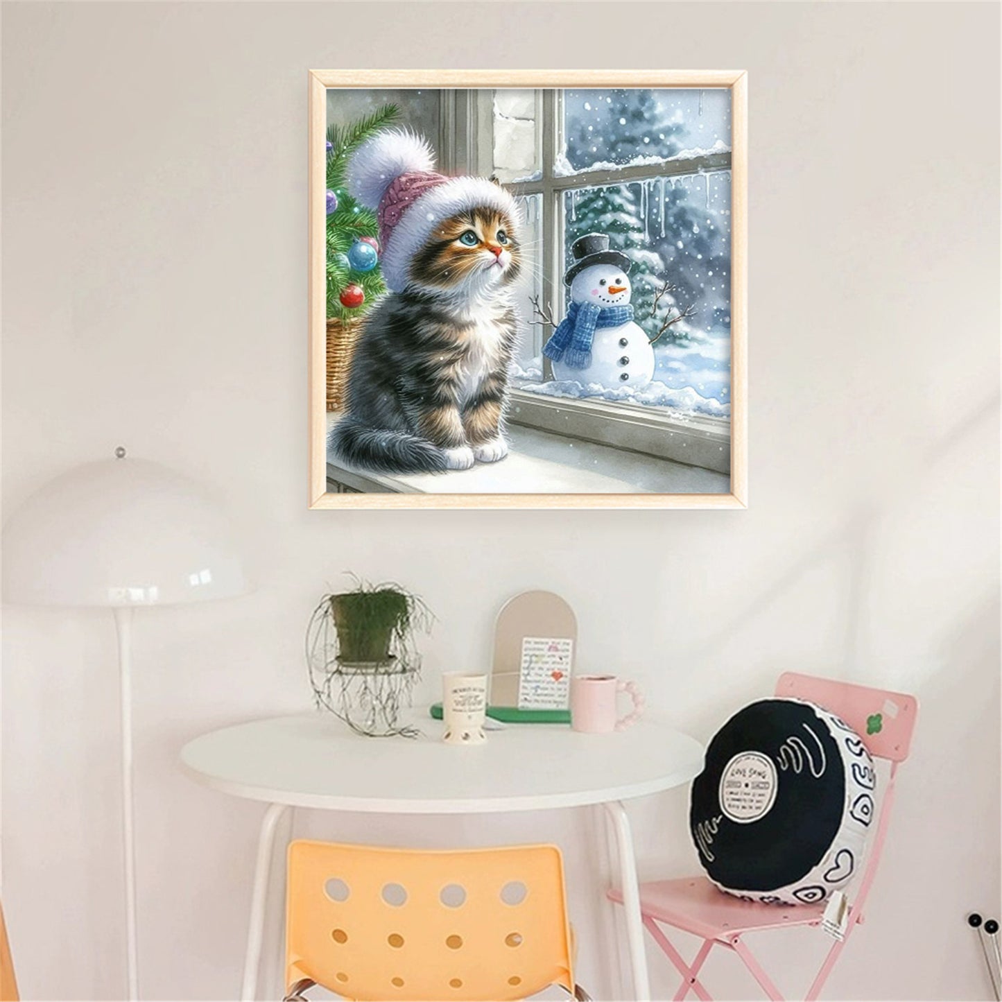 Cat And Snowman By Window - Full 11CT Stamped Cross Stitch 40x40CM - Yishu