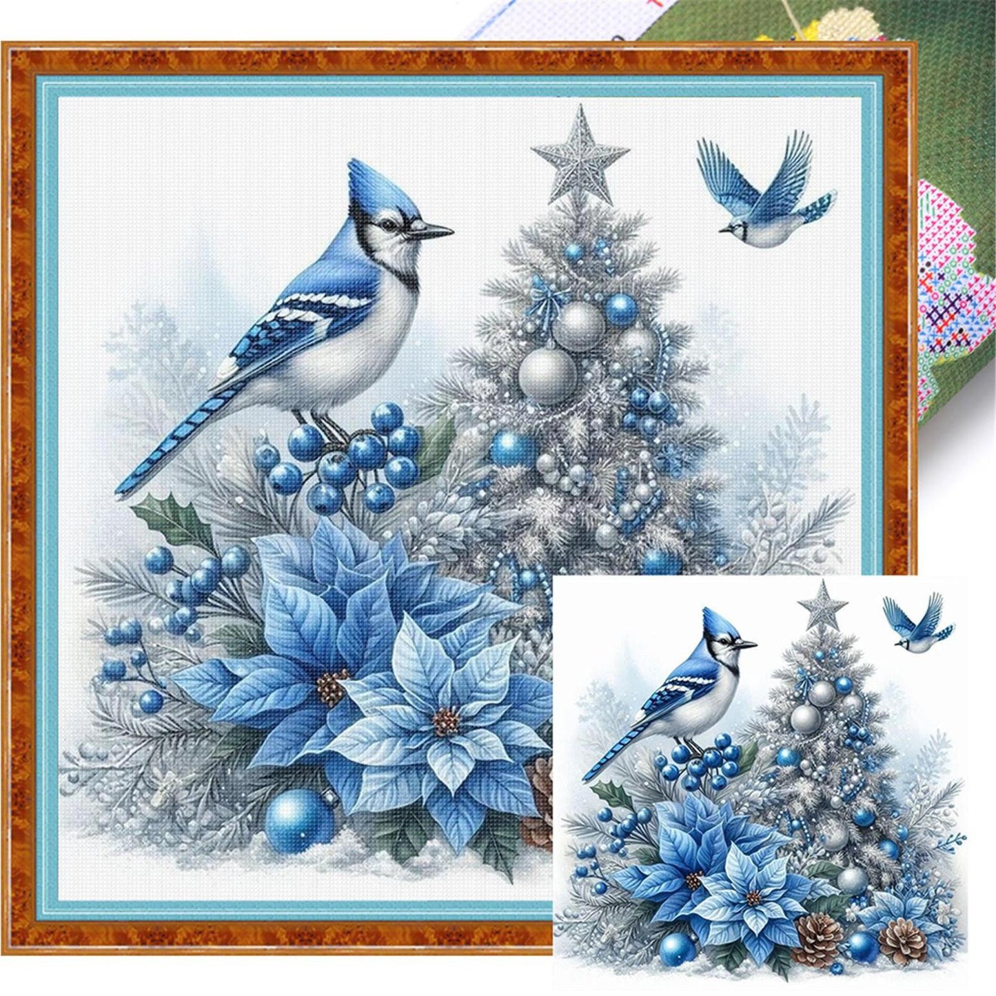 Blue Bird On Christmas Tree - Full 11CT Stamped Cross Stitch 40x40CM - Yishu