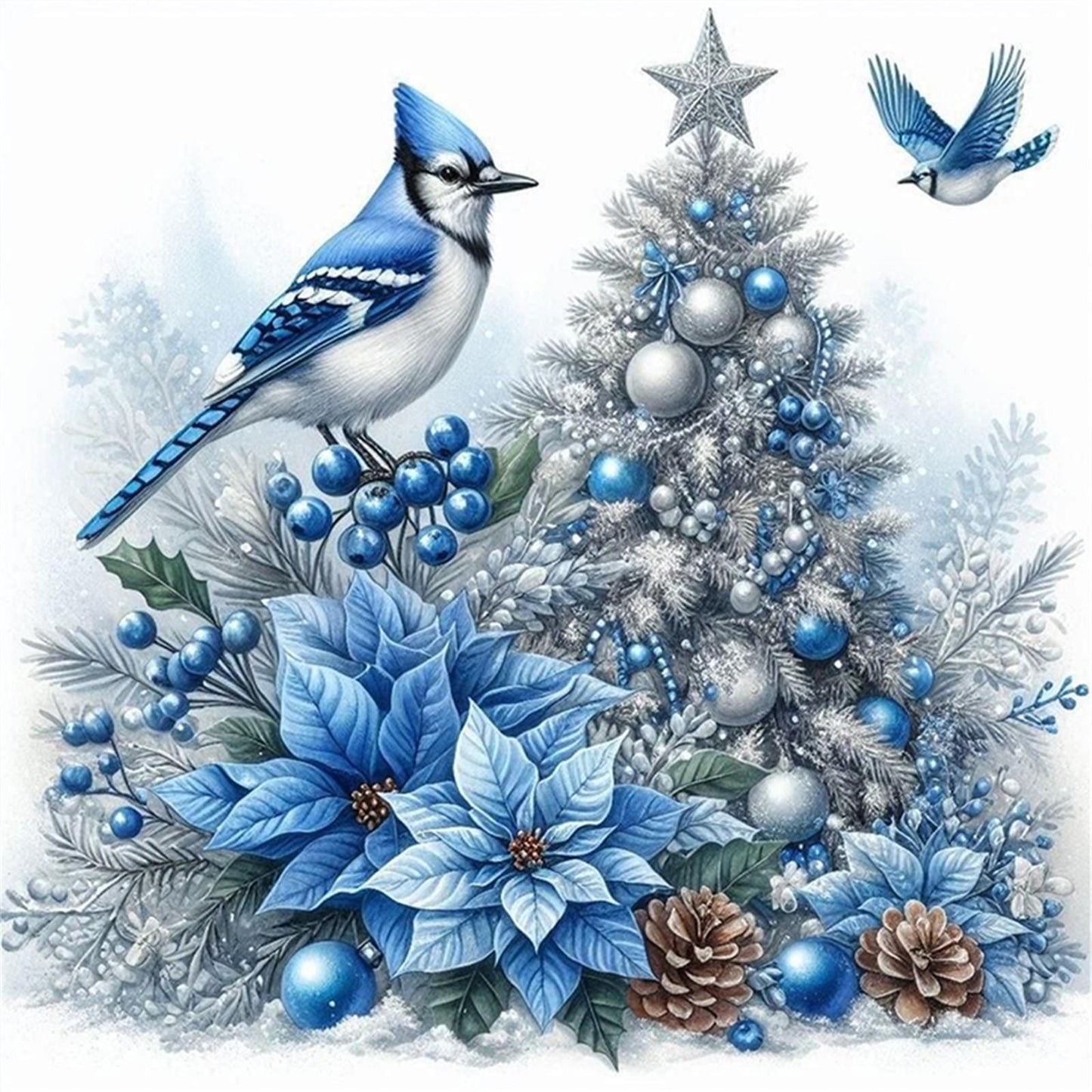 Blue Bird On Christmas Tree - Full 11CT Stamped Cross Stitch 40x40CM - Yishu