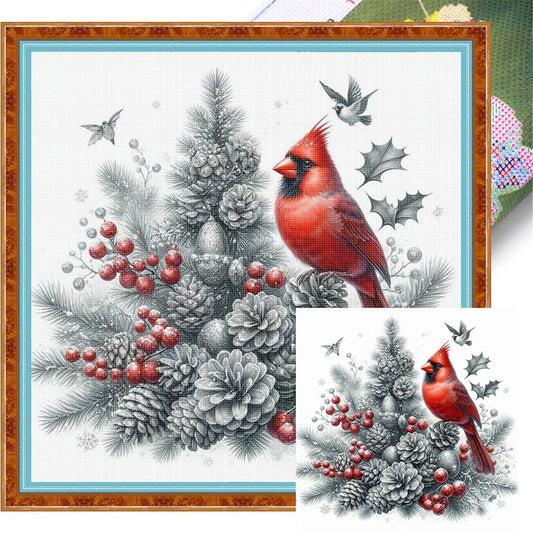 Cardinal On Christmas Tree - Full 11CT Stamped Cross Stitch 40x40CM - Yishu