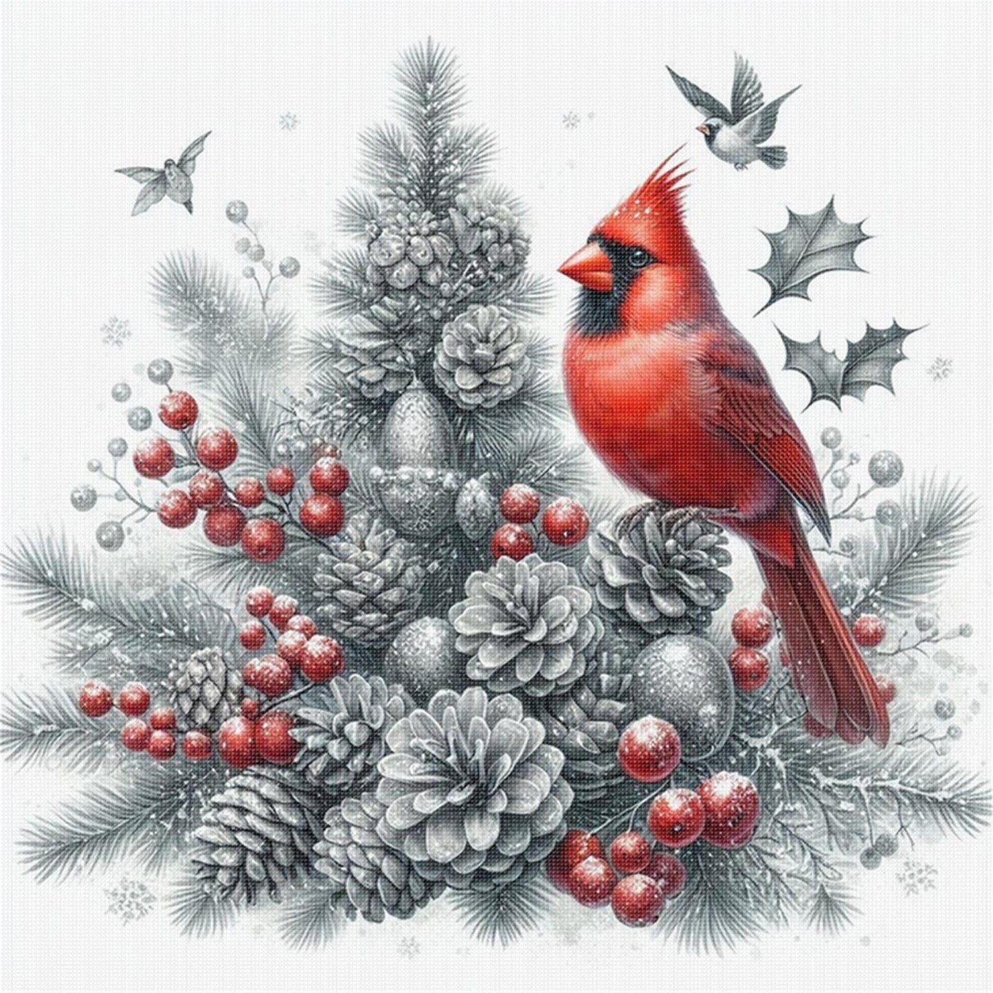 Cardinal On Christmas Tree - Full 11CT Stamped Cross Stitch 40x40CM - Yishu