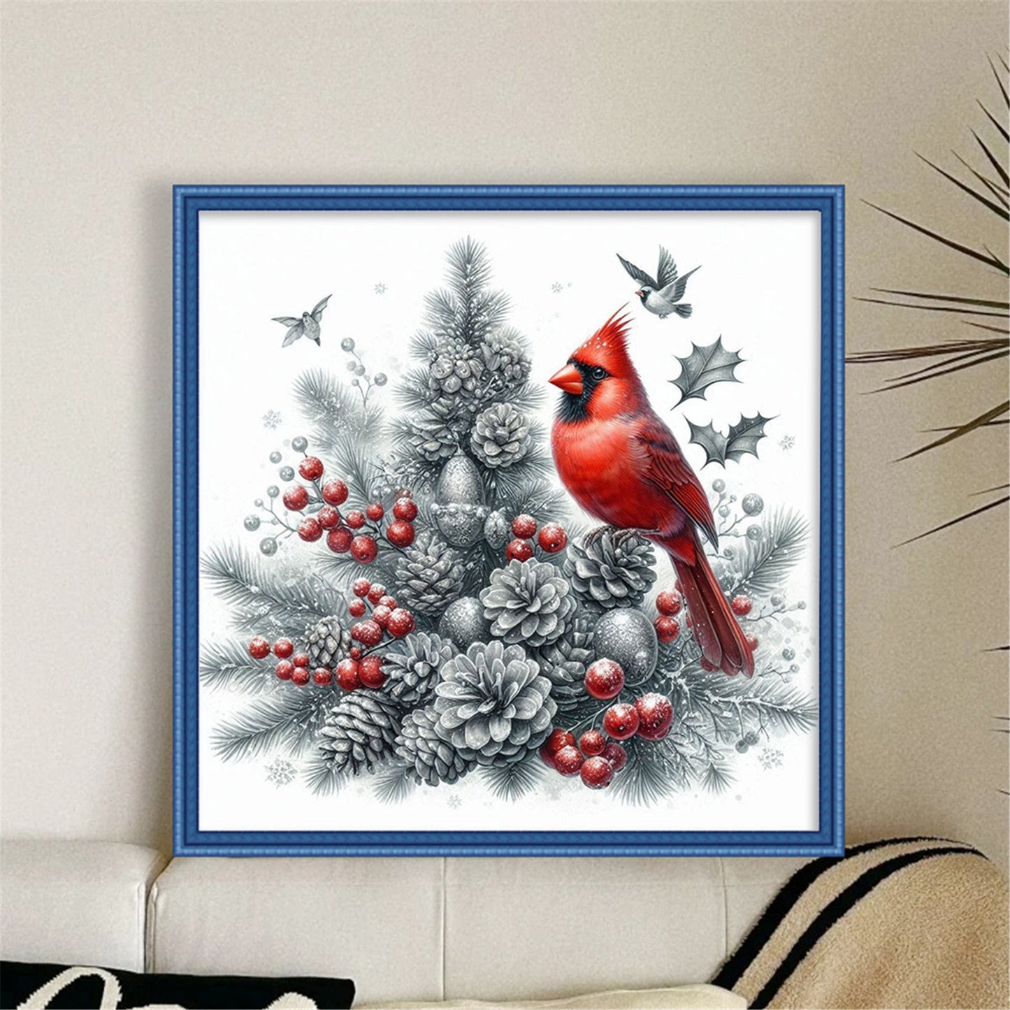 Cardinal On Christmas Tree - Full 11CT Stamped Cross Stitch 40x40CM - Yishu