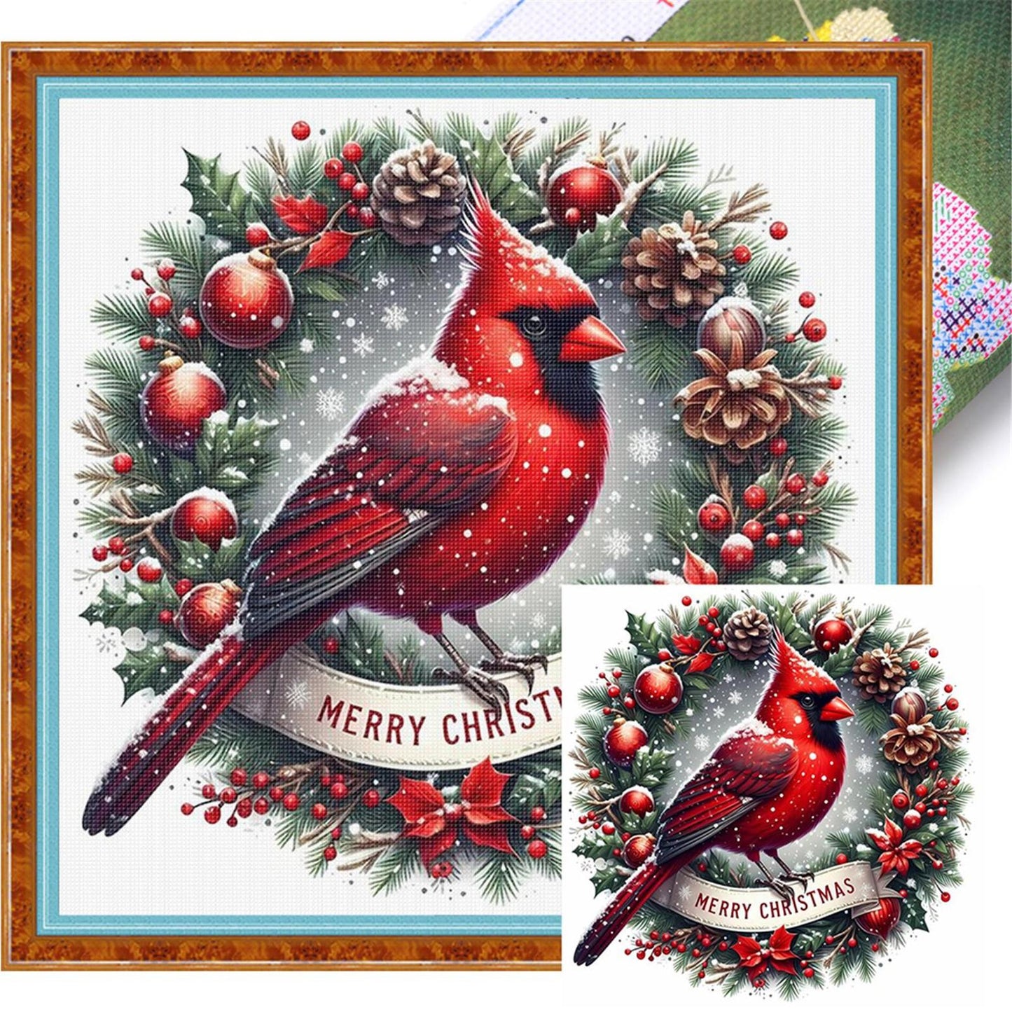 Cardinal With Wreath - Full 11CT Stamped Cross Stitch 40x40CM - Yishu