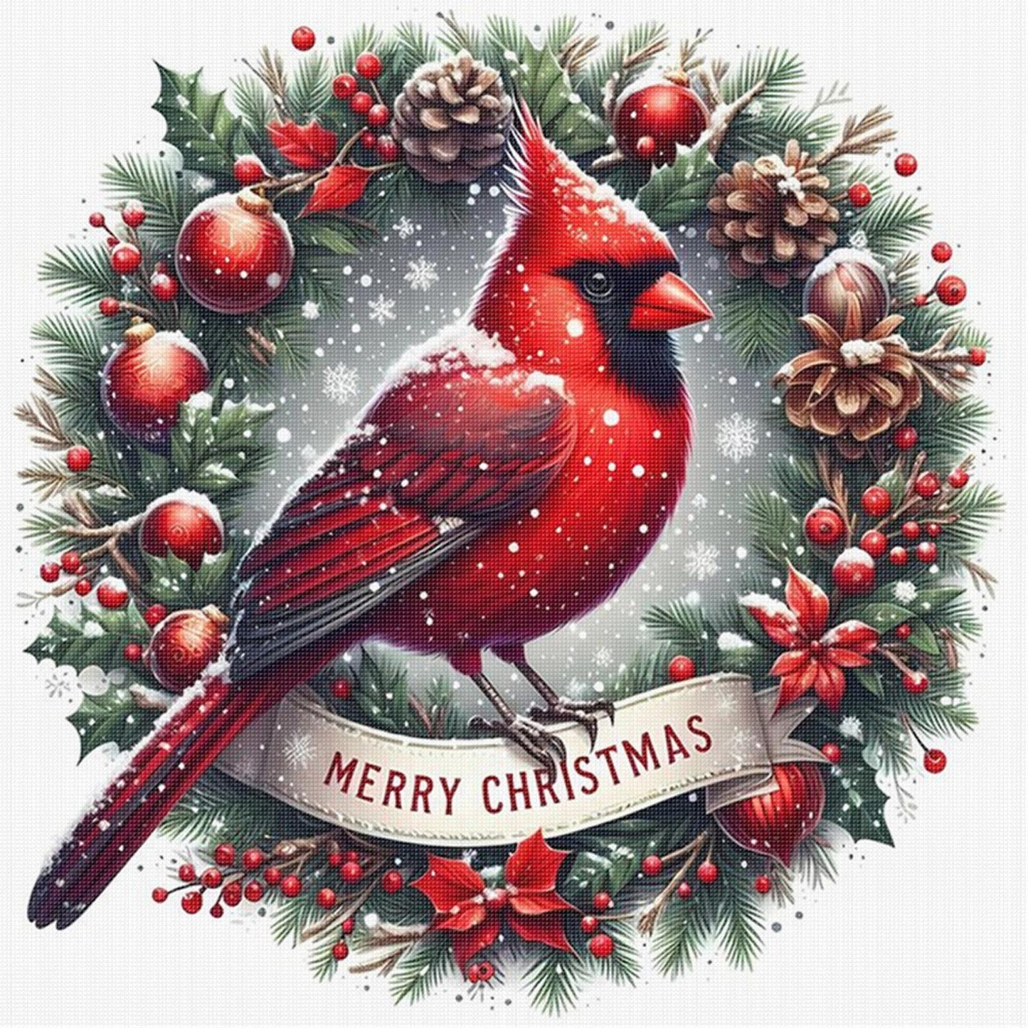Cardinal With Wreath - Full 11CT Stamped Cross Stitch 40x40CM - Yishu