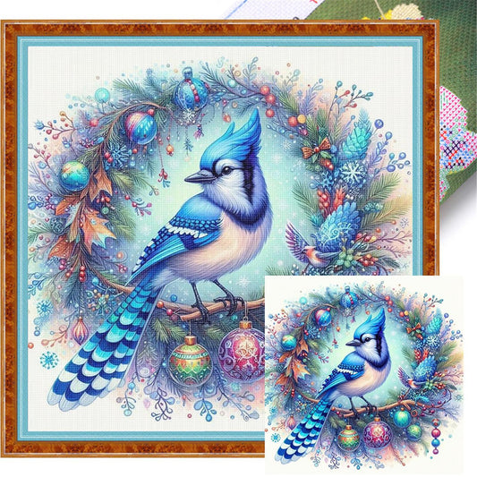 Blue Bird With Wreath - Full 11CT Stamped Cross Stitch 40x40CM - Yishu