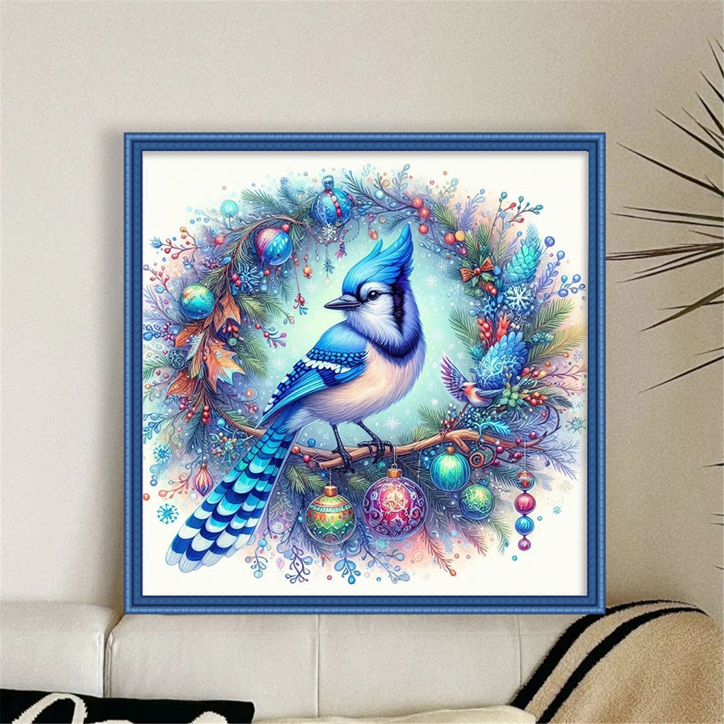 Blue Bird With Wreath - Full 11CT Stamped Cross Stitch 40x40CM - Yishu