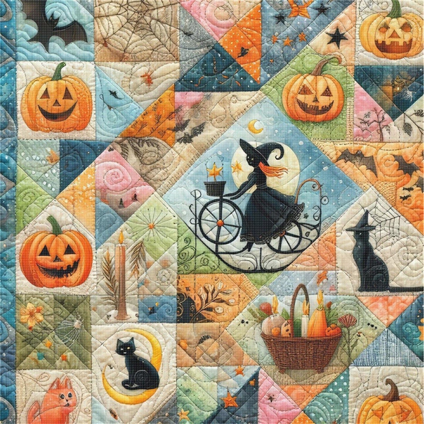 Spliced Pumpkin Witch - Full 11CT Stamped Cross Stitch 45x45CM - Yishu