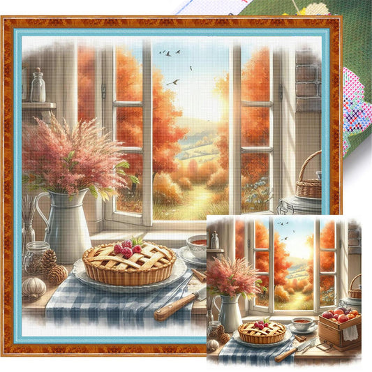 Autumn Scenery By Window - Full 11CT Stamped Cross Stitch 45x45CM - Yishu