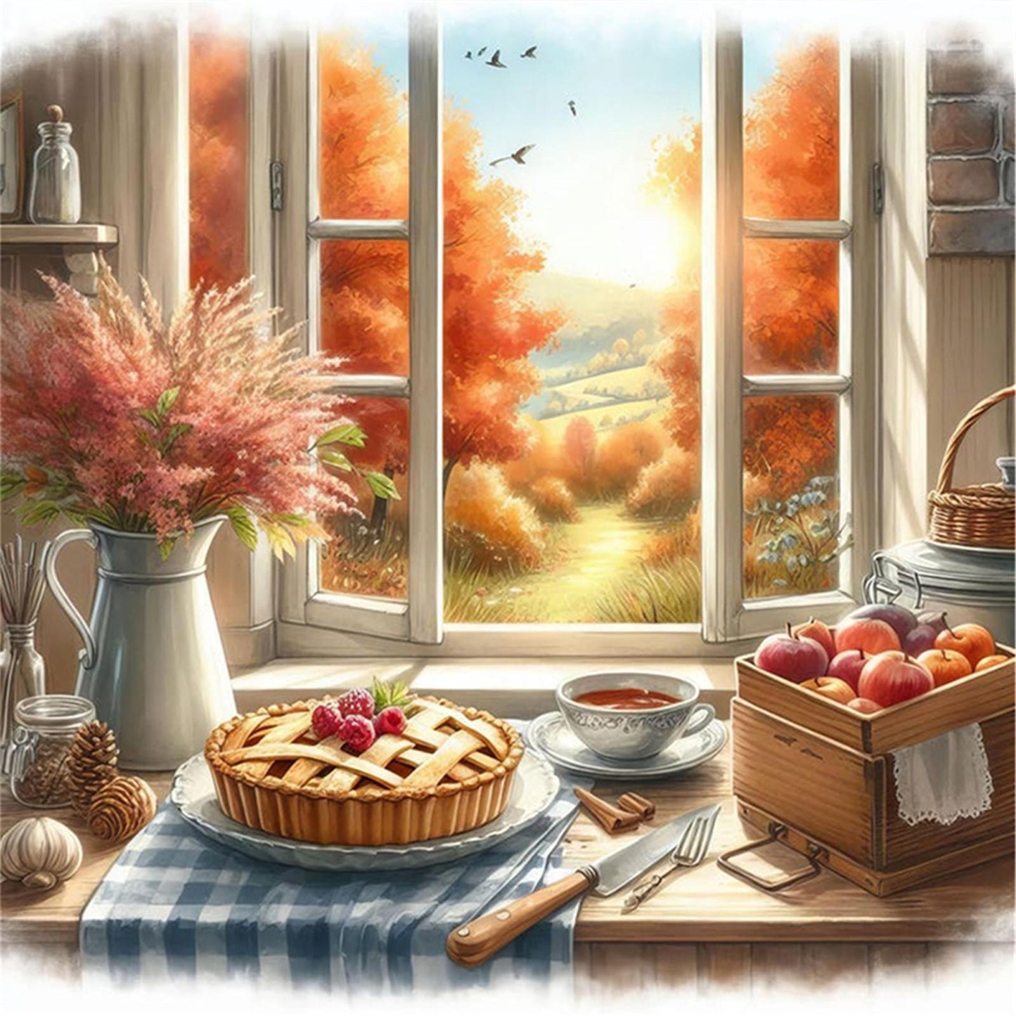 Autumn Scenery By Window - Full 11CT Stamped Cross Stitch 45x45CM - Yishu