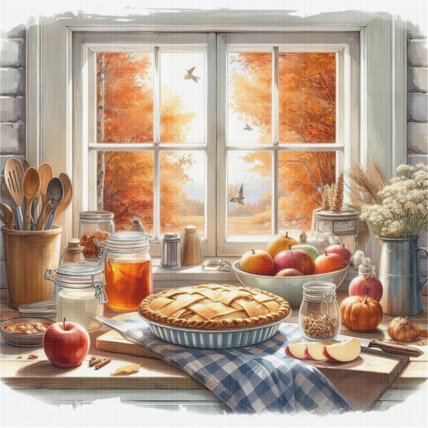 Autumn Scenery By Window - Full 11CT Stamped Cross Stitch 45x45CM - Yishu