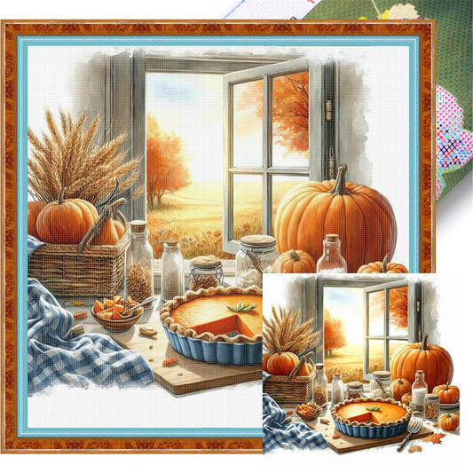 Autumn Scenery By Window - Full 11CT Stamped Cross Stitch 45x45CM - Yishu