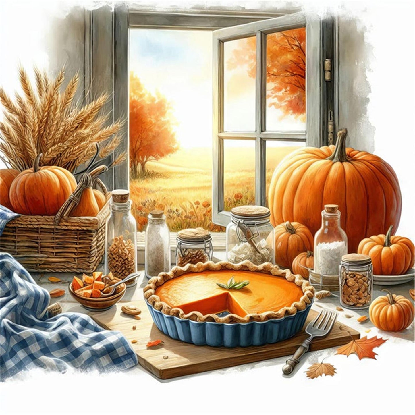 Autumn Scenery By Window - Full 11CT Stamped Cross Stitch 45x45CM - Yishu