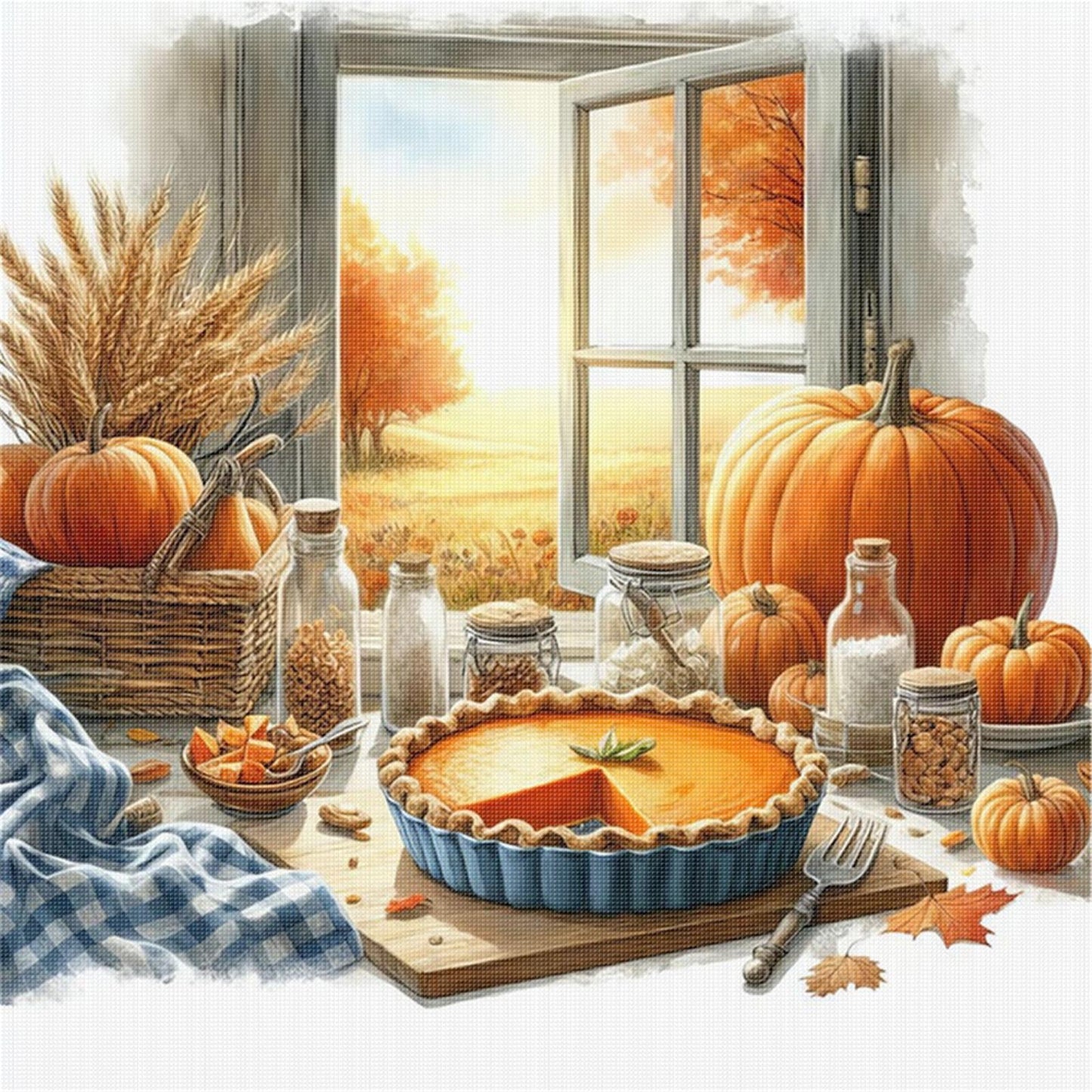 Autumn Scenery By Window - Full 11CT Stamped Cross Stitch 45x45CM - Yishu