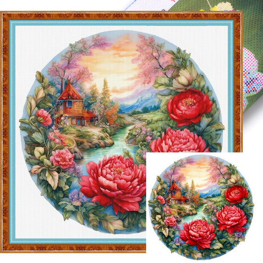 Peony Manor - Full 11CT Stamped Cross Stitch 40x40CM - Yishu
