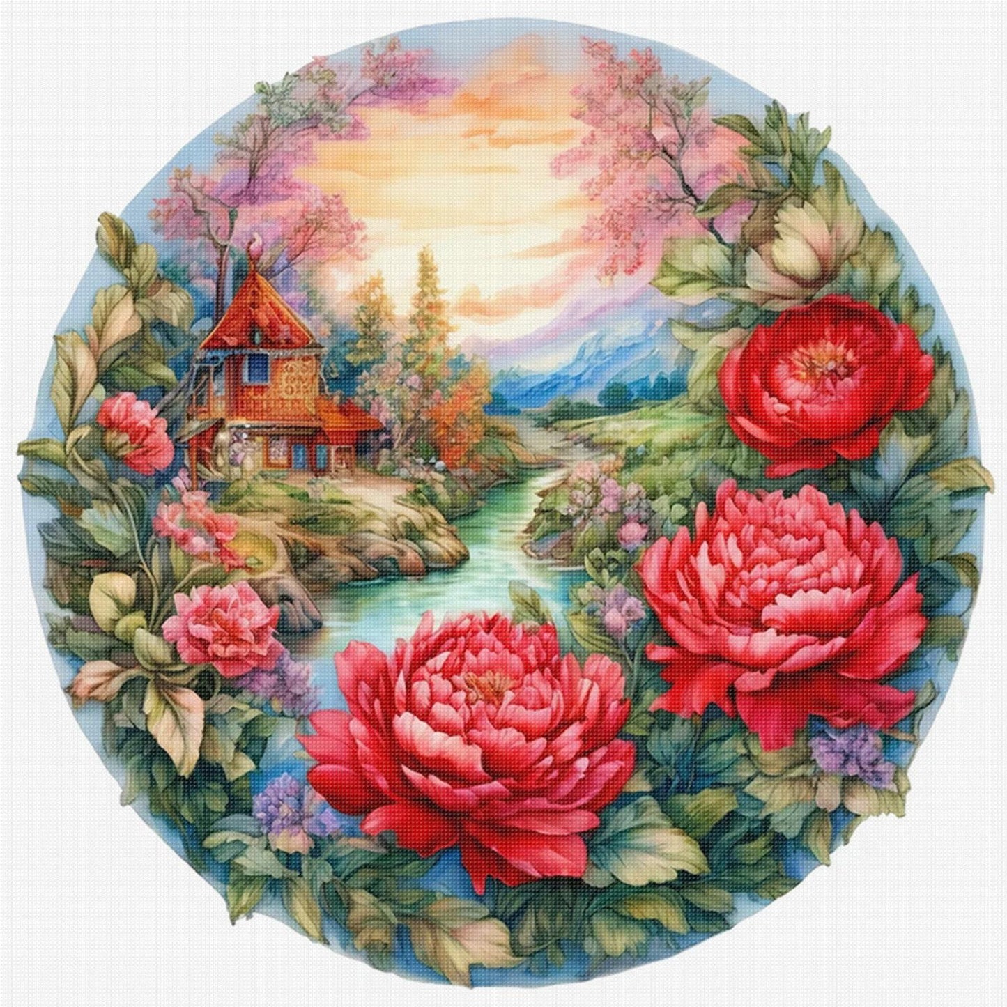 Peony Manor - Full 11CT Stamped Cross Stitch 40x40CM - Yishu
