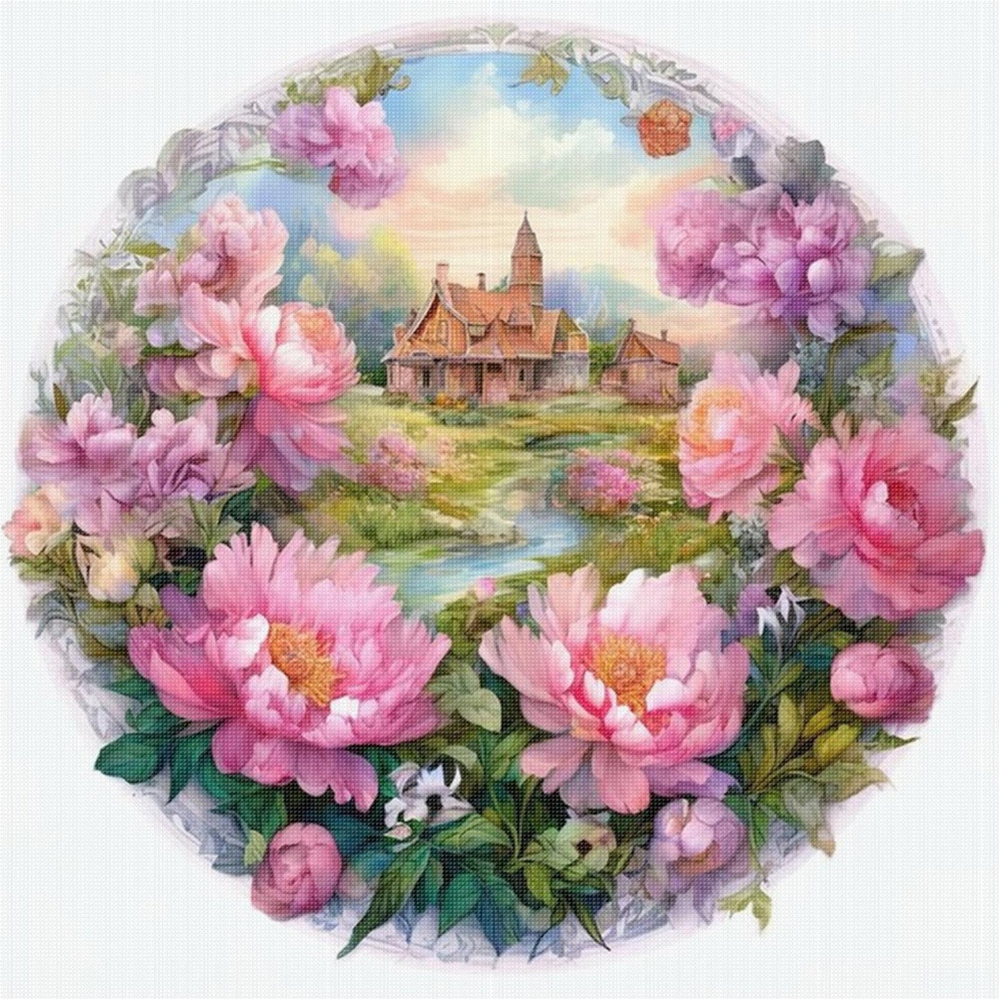 Peony Manor - Full 11CT Stamped Cross Stitch 40x40CM - Yishu