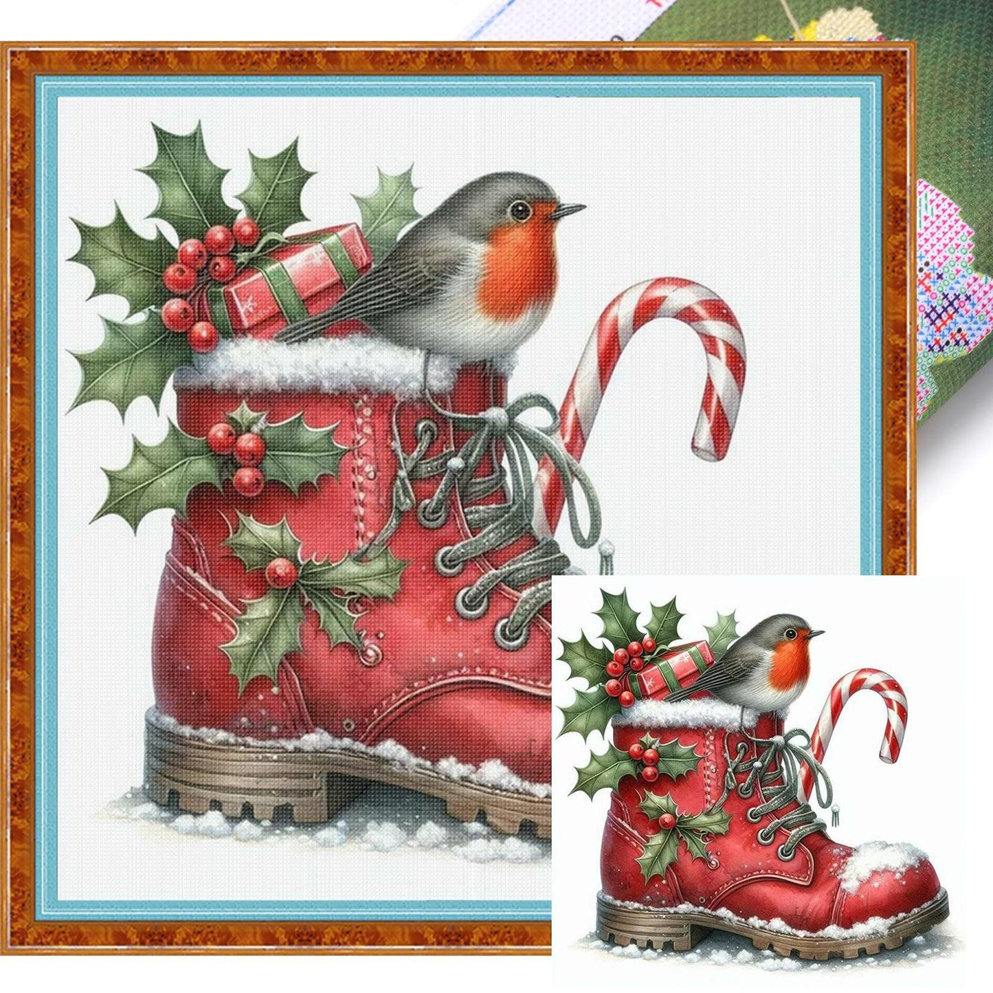 Robin On Christmas Boot - Full 11CT Stamped Cross Stitch 40x40CM - Yishu