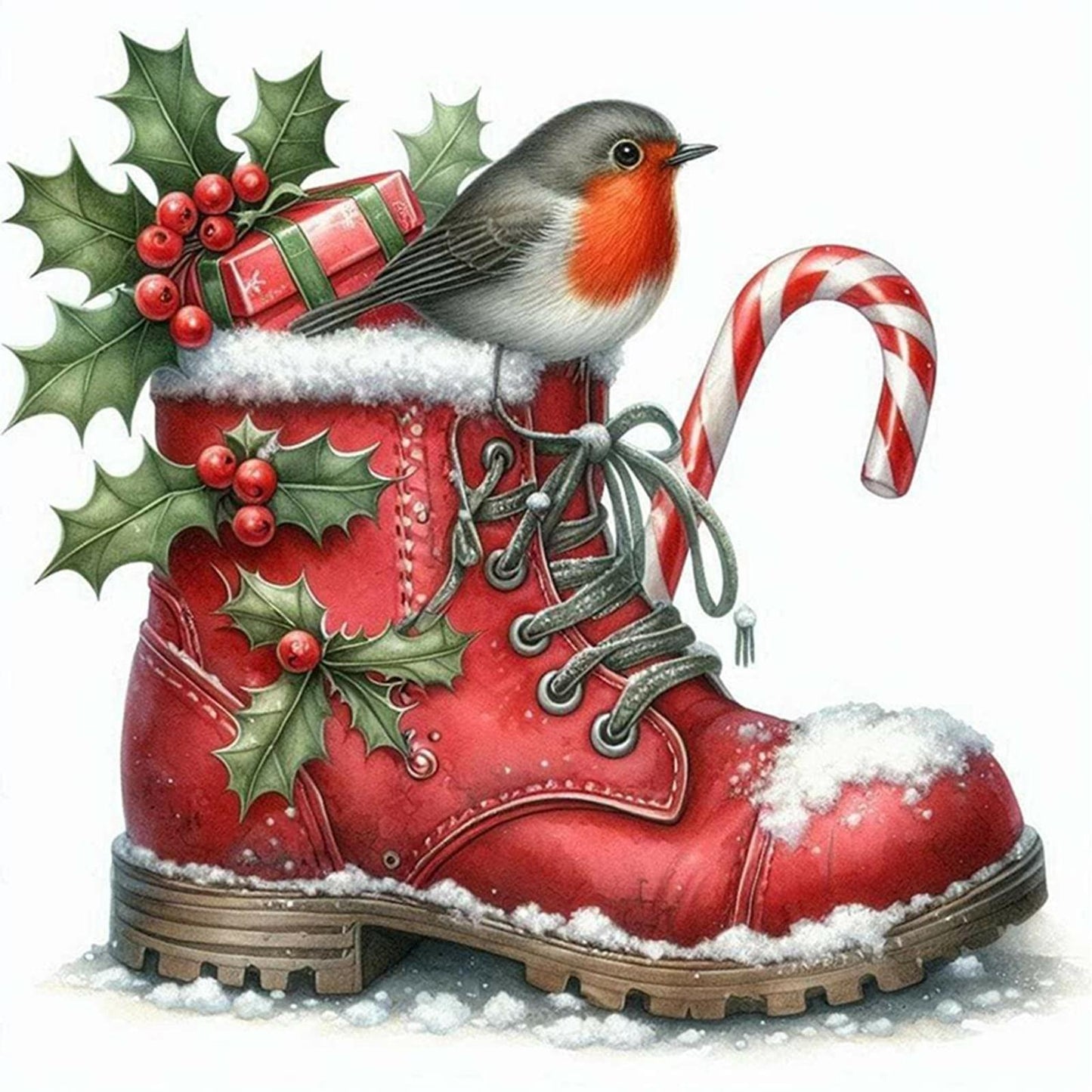 Robin On Christmas Boot - Full 11CT Stamped Cross Stitch 40x40CM - Yishu