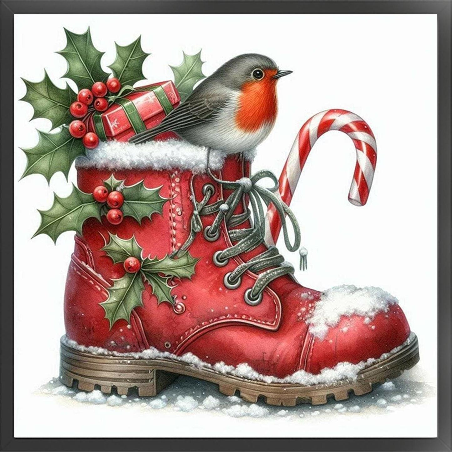 Robin On Christmas Boot - Full 11CT Stamped Cross Stitch 40x40CM - Yishu