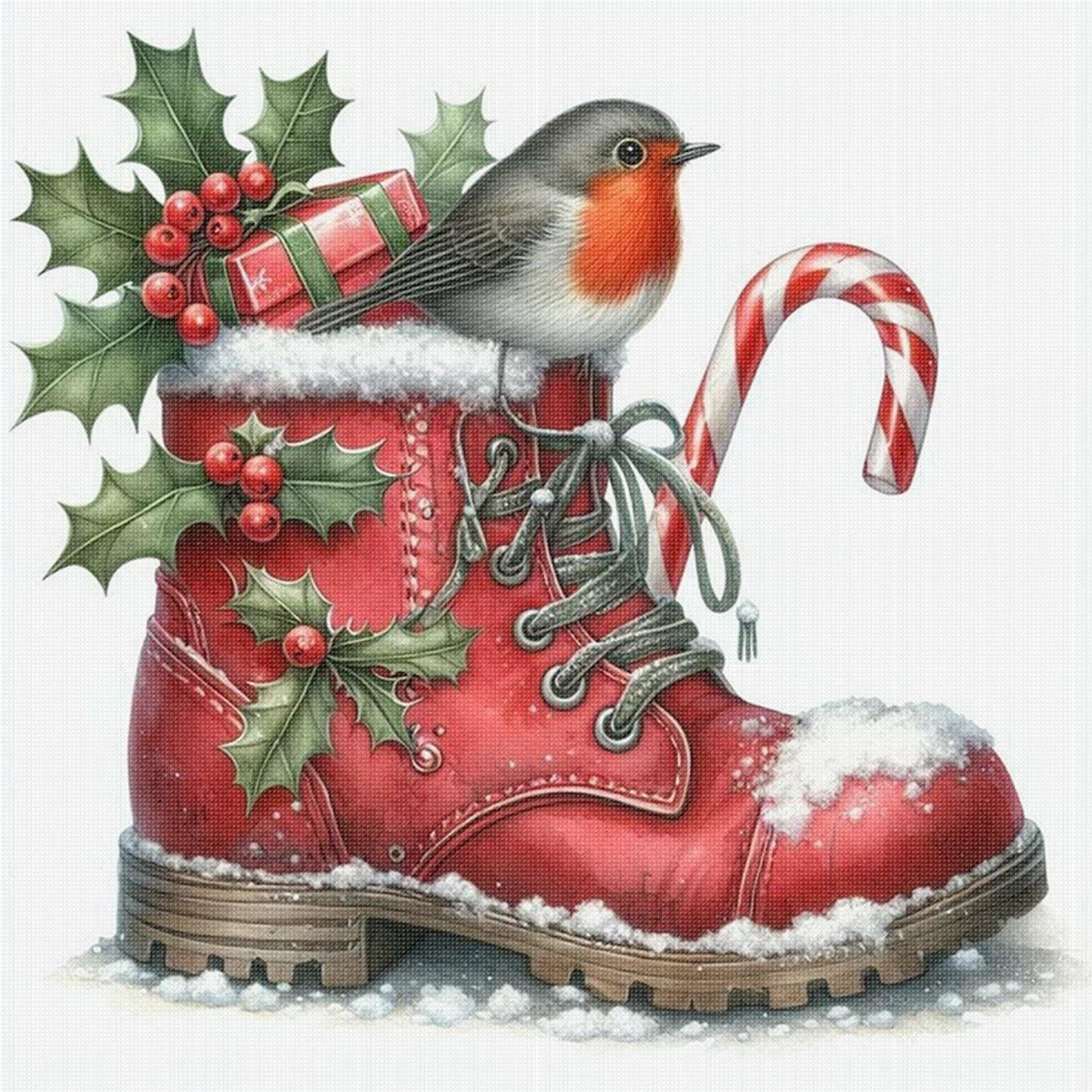 Robin On Christmas Boot - Full 11CT Stamped Cross Stitch 40x40CM - Yishu